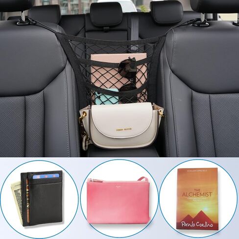 3-Layer Car Mesh Organizer Storage Bag Between Front Seats Kid Dog Pet Net Barrier Car Net Pocket Elastic Tissue Purse Holder Netting Pouch for SUV, Truck, Van 15.7" x 13.7" in Saudi Arabia