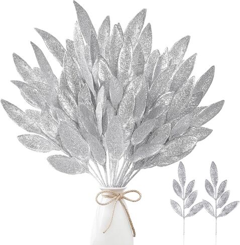 Sggvecsy 40 Pieces Artificial Glitter Leaf Silver Glittered Spray Picks 13’’ Fake Floral Leaf Branches Xmas Decoration for Christmas Tree DIY Wreath Crafts Gift Home Decoration(Silver,40 Pieces) in Saudi Arabia