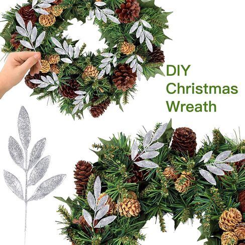 Sggvecsy 40 Pieces Artificial Glitter Leaf Silver Glittered Spray Picks 13’’ Fake Floral Leaf Branches Xmas Decoration for Christmas Tree DIY Wreath Crafts Gift Home Decoration(Silver,40 Pieces) in Saudi Arabia