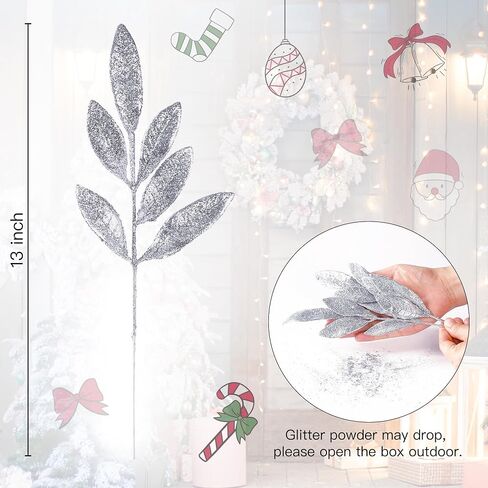 Sggvecsy 40 Pieces Artificial Glitter Leaf Silver Glittered Spray Picks 13’’ Fake Floral Leaf Branches Xmas Decoration for Christmas Tree DIY Wreath Crafts Gift Home Decoration(Silver,40 Pieces) in Saudi Arabia