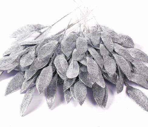 Sggvecsy 40 Pieces Artificial Glitter Leaf Silver Glittered Spray Picks 13’’ Fake Floral Leaf Branches Xmas Decoration for Christmas Tree DIY Wreath Crafts Gift Home Decoration(Silver,40 Pieces) in Saudi Arabia