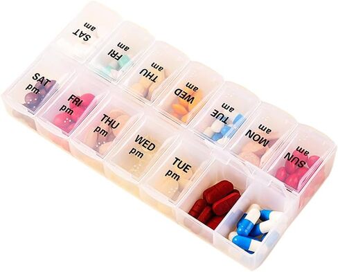 Large Pill Organizer, Weekly Portable Pill Dispenser Reminder, Travel Daily Pill Case Box Holder, Medication Planner for Vitamin, Medicine, Fish Oil, Supplements, 14 Compartment, Transparent in Kuwait