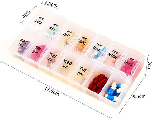 Large Pill Organizer, Weekly Portable Pill Dispenser Reminder, Travel Daily Pill Case Box Holder, Medication Planner for Vitamin, Medicine, Fish Oil, Supplements, 14 Compartment, Transparent in Kuwait