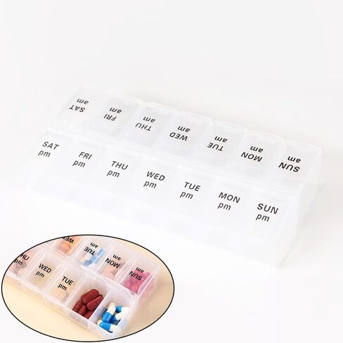 Large Pill Organizer, Weekly Portable Pill Dispenser Reminder, Travel Daily Pill Case Box Holder, Medication Planner for Vitamin, Medicine, Fish Oil, Supplements, 14 Compartment, Transparent in Kuwait