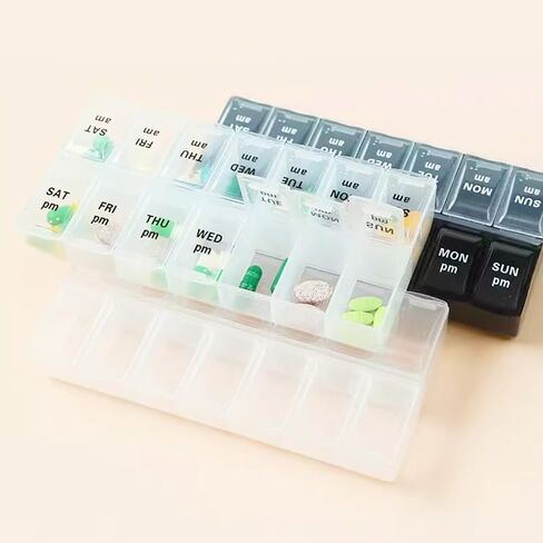 Large Pill Organizer, Weekly Portable Pill Dispenser Reminder, Travel Daily Pill Case Box Holder, Medication Planner for Vitamin, Medicine, Fish Oil, Supplements, 14 Compartment, Transparent in Kuwait