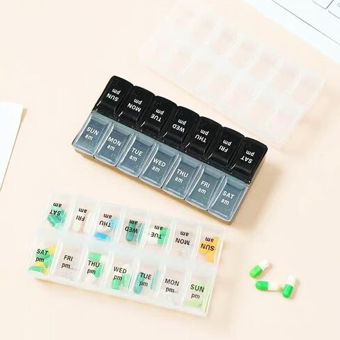 Large Pill Organizer, Weekly Portable Pill Dispenser Reminder, Travel Daily Pill Case Box Holder, Medication Planner for Vitamin, Medicine, Fish Oil, Supplements, 14 Compartment, Transparent in Kuwait