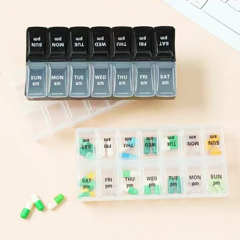 Large Pill Organizer, Weekly Portable Pill Dispenser Reminder, Travel Daily Pill Case Box Holder, Medication Planner for Vitamin, Medicine, Fish Oil, Supplements, 14 Compartment, Transparent in Kuwait