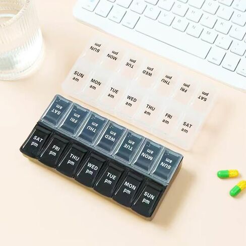 Large Pill Organizer, Weekly Portable Pill Dispenser Reminder, Travel Daily Pill Case Box Holder, Medication Planner for Vitamin, Medicine, Fish Oil, Supplements, 14 Compartment, Transparent in Kuwait