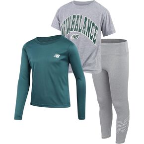 New Balance Girls' Tees and Leggings Set - 3 Piece Short and Long Sleeve T-Shirts and Performance Leggings for Girls (7-16)