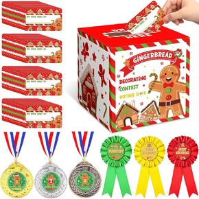 67Pcs Christmas Gingerbread House Competition Kit Gingerbread House Contest Voting Box 60 Ballot Cards 3 Award Ribbons and 3 Gingerbread Medals for Gingerbread House Contest Party Supplies