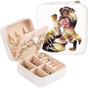 CORACIK Travel PU Jewelry Box Small Jewelry Organizer Storage Case for Her Womens Earring/Necklace/Rings/Bracelets Storage Box With Mirror Flower Beauty Beast Dancing (White)