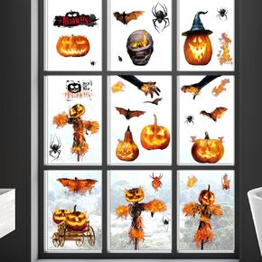 9Sheet Halloween Pumpkin Window Sticker Double-Sided Bats Witch Pumpkin Lantern Window Clings Horror Cat Crow 3D Self Adhesive Window Decals for School Shop Home Decor/Indoor Party Window Decoration-