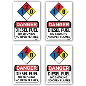 DANGER Diesel Fuel No Smoking No Open Flames Sign Self Adhesive Danger Diesel Fuel Sign Vinyl Sticker Decal with NFPA Diesel Fuel 1-2-0 Sign and 704 placard Diesel Fuel Labels (4 pack) 7" x 5"