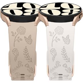2 Pack Floral Butterfly Engraved Bands Compatible with Samsung Galaxy Watch 7 Bands 40mm/44mm, Galaxy Watch 6 Bands 40mm 44mm, Galaxy Watch 5/4 Bands Wristbands for Women