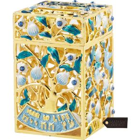 Matashi Hand-Painted Enamel Tzedakah Charity Box Keepsake Treasure Box Embellished with Crystals and a Tree of Life Motif Design with Gold Accents, Judaica Home Decor Piggy Bank Gift for Holiday