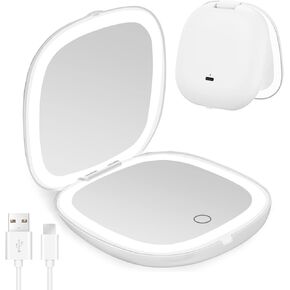 JIMACRO LED Travel Makeup Mirror, 1x/10x Magnifying Pocket Mirror with 56 LED Lights, USB Charging Folding Mirror with Touch Sensor 3 Colors Brightness Adjustable, Ideal for Handbag, Girls Gift