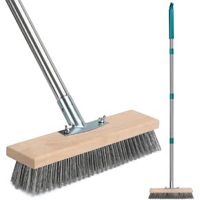 Stainless Steel Deck Scrub Brush with Long Handle, Outdoor Broom for Concrete, Deck, Patio Floor Cleaning, 53" Long Handled Heavy Duty Floor Scrubber for Outdoor Moss Removal