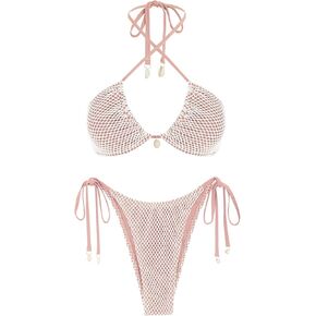 ZAFUL Women's Triangle Bikini Multiway Fishnet Tie Side Bandeau Halter String Bikini Set Two Piece Swimsuit Bathing Suits