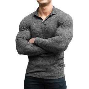 COOFANDY Men's Stretch Muscle Tshirts Long Sleeve Knit Tees Casual Slim Fit Polo Shirts