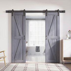 FREDBECK 60in x 84in Gray Barn Door Slab with 10ft (120inch) Barn Door Hardware Track Kit and Handle Floor Guide Included, Double Surfaces,Simple Assembly is Required,K-Frame,Grey