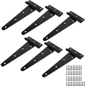 DAJAVE 6 Pack 8 Inch T-Strap Shed Door Hinges, Heavy Duty Gate Hinges, Black Tee Hinge Wrought Hardware for Wooden Fences, Yard, Barn Door