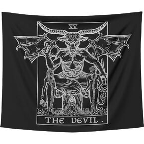 The Devil Tarot Card Tapestry (Black & White) - Baphomet - Gothic Satanic Witch Halloween Home Decor Wall Hanging (59" x 51")