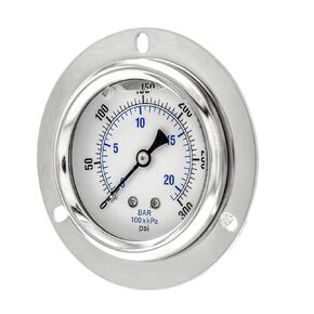 PIC Gauges PRO-204L-254R Panel Mount Front Flanged Glycerin Filled Industrial Pressure Gauge w/ SS Case, Brass Internals, Plastic Lens, 2.5" Dial, 0/5000 psi Range, 1/4" Male NPT