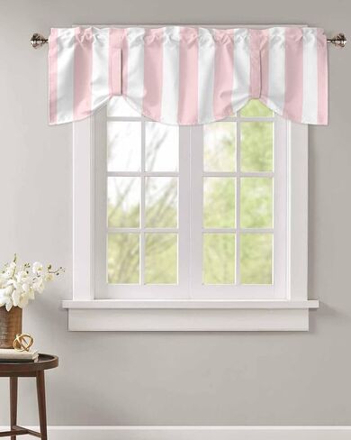 Pink Striped Tie Up Valance Curtains for Windows, Farmhouse Kitchen Curtains Window Treatments, Modern Pink White Stripes Short Window Shades Valances for Bedroom Bathroom Cafe 42"x12" in Kuwait