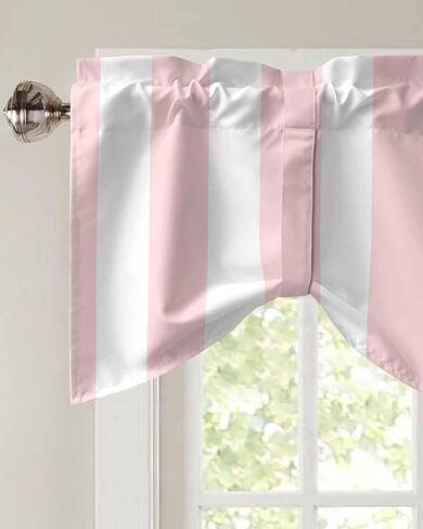 Pink Striped Tie Up Valance Curtains for Windows, Farmhouse Kitchen Curtains Window Treatments, Modern Pink White Stripes Short Window Shades Valances for Bedroom Bathroom Cafe 42"x12" in Kuwait