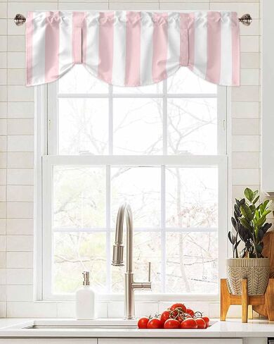 Pink Striped Tie Up Valance Curtains for Windows, Farmhouse Kitchen Curtains Window Treatments, Modern Pink White Stripes Short Window Shades Valances for Bedroom Bathroom Cafe 42"x12" in Kuwait