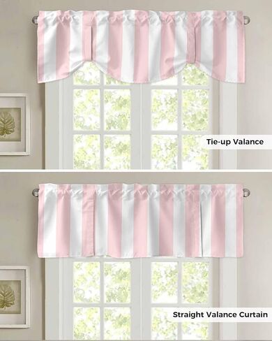 Pink Striped Tie Up Valance Curtains for Windows, Farmhouse Kitchen Curtains Window Treatments, Modern Pink White Stripes Short Window Shades Valances for Bedroom Bathroom Cafe 42"x12" in Kuwait