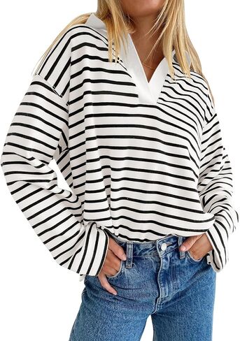 ZESICA Womens Striped Long Sleeve Shirts 2024 Casual V Neck Oversized Sweatshirt Loose Fit Tunic Tops Fall Blouses in Saudi Arabia