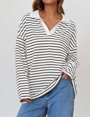 ZESICA Womens Striped Long Sleeve Shirts 2024 Casual V Neck Oversized Sweatshirt Loose Fit Tunic Tops Fall Blouses in Saudi Arabia