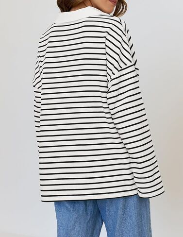 ZESICA Womens Striped Long Sleeve Shirts 2024 Casual V Neck Oversized Sweatshirt Loose Fit Tunic Tops Fall Blouses in Saudi Arabia