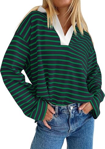 ZESICA Womens Striped Long Sleeve Shirts 2024 Casual V Neck Oversized Sweatshirt Loose Fit Tunic Tops Fall Blouses in Saudi Arabia