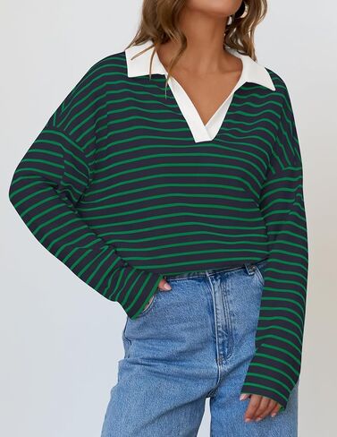 ZESICA Womens Striped Long Sleeve Shirts 2024 Casual V Neck Oversized Sweatshirt Loose Fit Tunic Tops Fall Blouses in Saudi Arabia