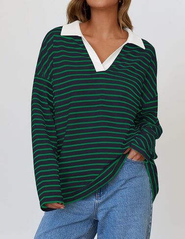 ZESICA Womens Striped Long Sleeve Shirts 2024 Casual V Neck Oversized Sweatshirt Loose Fit Tunic Tops Fall Blouses in Saudi Arabia