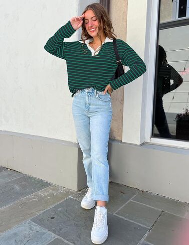 ZESICA Womens Striped Long Sleeve Shirts 2024 Casual V Neck Oversized Sweatshirt Loose Fit Tunic Tops Fall Blouses in Saudi Arabia