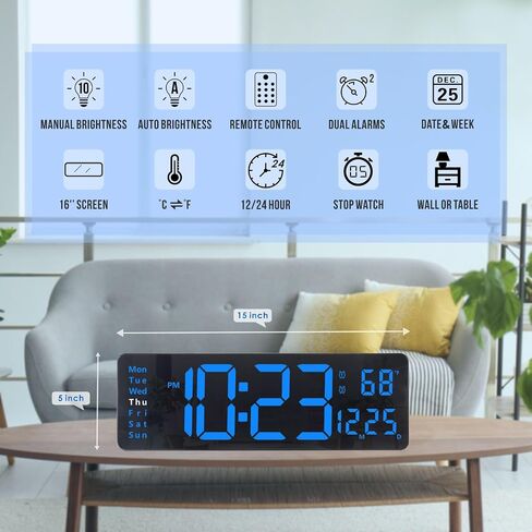 Plumeet Digital Wall Clock, 16’’ Large LED Wall Clock with Remote Control, Big Digits, Auto-Dimming, 2 Alarm, Silent Wall Clock Show Date Week Temp (Include Adapter), Blue in Kuwait