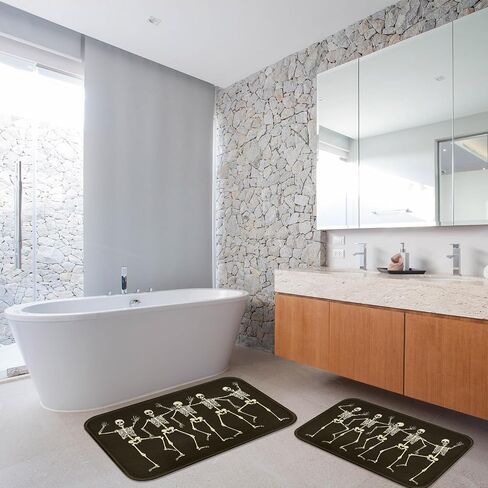 Britimes Bathroom Rug Mat Set of 2,Bathroom Mats Rugs Halloween Black Dancing Skeleton Stand No Silp Bath Mat Carpets Bathroom Decorations 16x24 and 20x32 Inches for Kitchen Bedroom Indoor in Kuwait