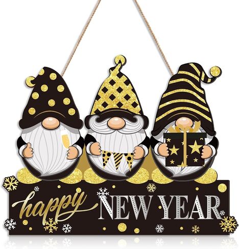 Black and Gold Happy New Year Gnome Door Sign Glitter 2024 New Year's Eve Wooden Plaque Christmas Holiday Party Wreath Indoor Wall Front Door Hanging Xmas Decoration in Saudi Arabia
