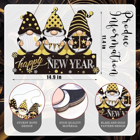 Black and Gold Happy New Year Gnome Door Sign Glitter 2024 New Year's Eve Wooden Plaque Christmas Holiday Party Wreath Indoor Wall Front Door Hanging Xmas Decoration in Saudi Arabia