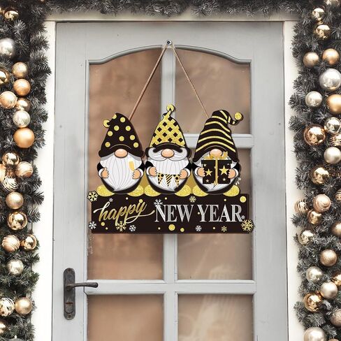 Black and Gold Happy New Year Gnome Door Sign Glitter 2024 New Year's Eve Wooden Plaque Christmas Holiday Party Wreath Indoor Wall Front Door Hanging Xmas Decoration in Saudi Arabia