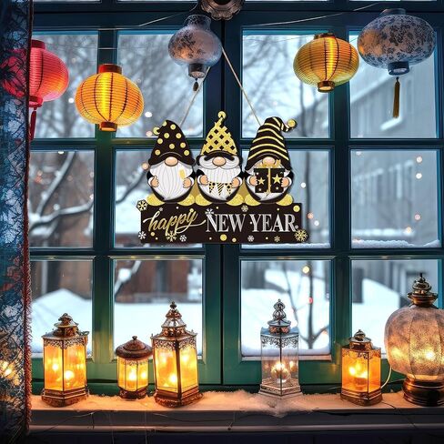 Black and Gold Happy New Year Gnome Door Sign Glitter 2024 New Year's Eve Wooden Plaque Christmas Holiday Party Wreath Indoor Wall Front Door Hanging Xmas Decoration in Saudi Arabia
