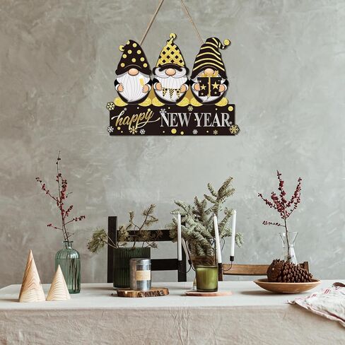 Black and Gold Happy New Year Gnome Door Sign Glitter 2024 New Year's Eve Wooden Plaque Christmas Holiday Party Wreath Indoor Wall Front Door Hanging Xmas Decoration in Saudi Arabia