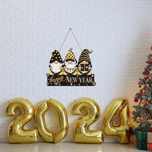 Black and Gold Happy New Year Gnome Door Sign Glitter 2024 New Year's Eve Wooden Plaque Christmas Holiday Party Wreath Indoor Wall Front Door Hanging Xmas Decoration in Saudi Arabia