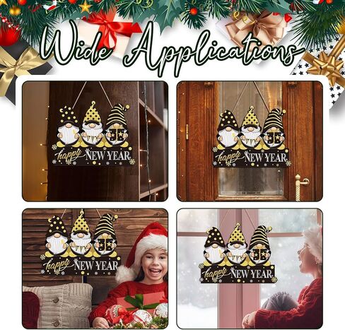 Black and Gold Happy New Year Gnome Door Sign Glitter 2024 New Year's Eve Wooden Plaque Christmas Holiday Party Wreath Indoor Wall Front Door Hanging Xmas Decoration in Saudi Arabia