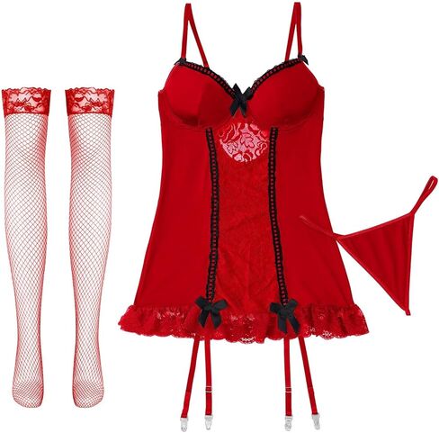 Lilosy Sexy Bows Ruffle Bustier Corset Underwire Push Up Floral Lace Mesh Sheer Babydoll Maid Lingerie Women Teddy Bodysuit Set Nightshirt Boudoir Outfits Garter 3 Piece Black and White X-Large in Kuwait