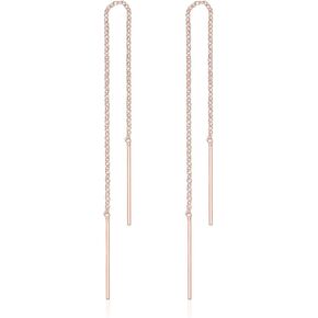 DTPsilver 925 Sterling Silver, 24K Yellow or 18K Rose Gold Plated Threader Pull Through THIN Drop Chain Earrings with Dangling Bar - Length: 78/86/105 mm