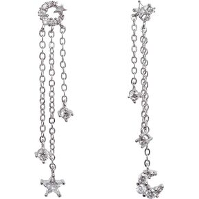 Hiqmic 925 Sterling Silver Long Star Moon Zirconia Stud Earrings Piercing for Women Fashion Jewelry Gifts WK90093